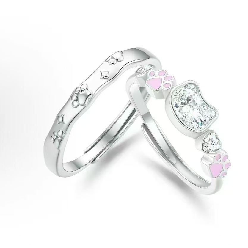 Cute Cat Paw Ring with Rhinestones, Adjustable, Couple Style, Exquisite and Versatile, Gift for Girlfriend on Valentine's Day