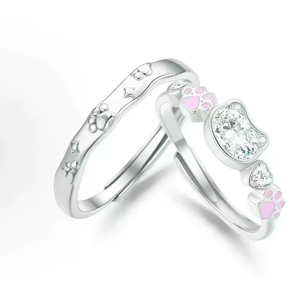 Cute Cat Paw Ring with Rhinestones, Adjustable, Couple Style, Exquisite and Versatile, Gift for Girlfriend on Valentine's Day