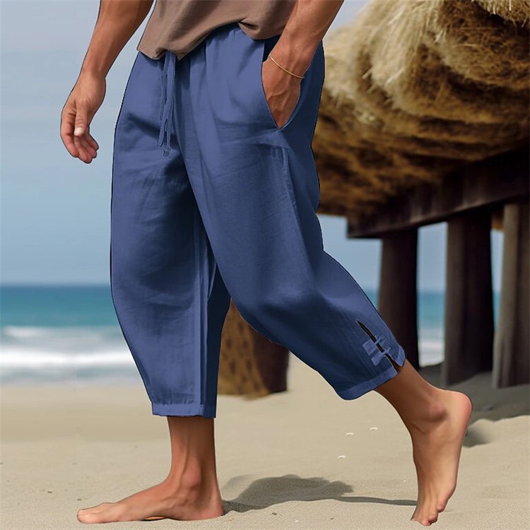 2025 Men's Cotton and Linen Cropped Pants Summer Beach Pants Drawstring Small Leg Pants Solid Color Plaid Breathable Casual Pants