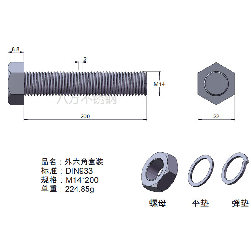 Tuerca de tornillo 304 acero inoxidable hexagonal conjunto de alta resistencia con almohadilla perno de tornillo antideslizante M3M4M5M6M12