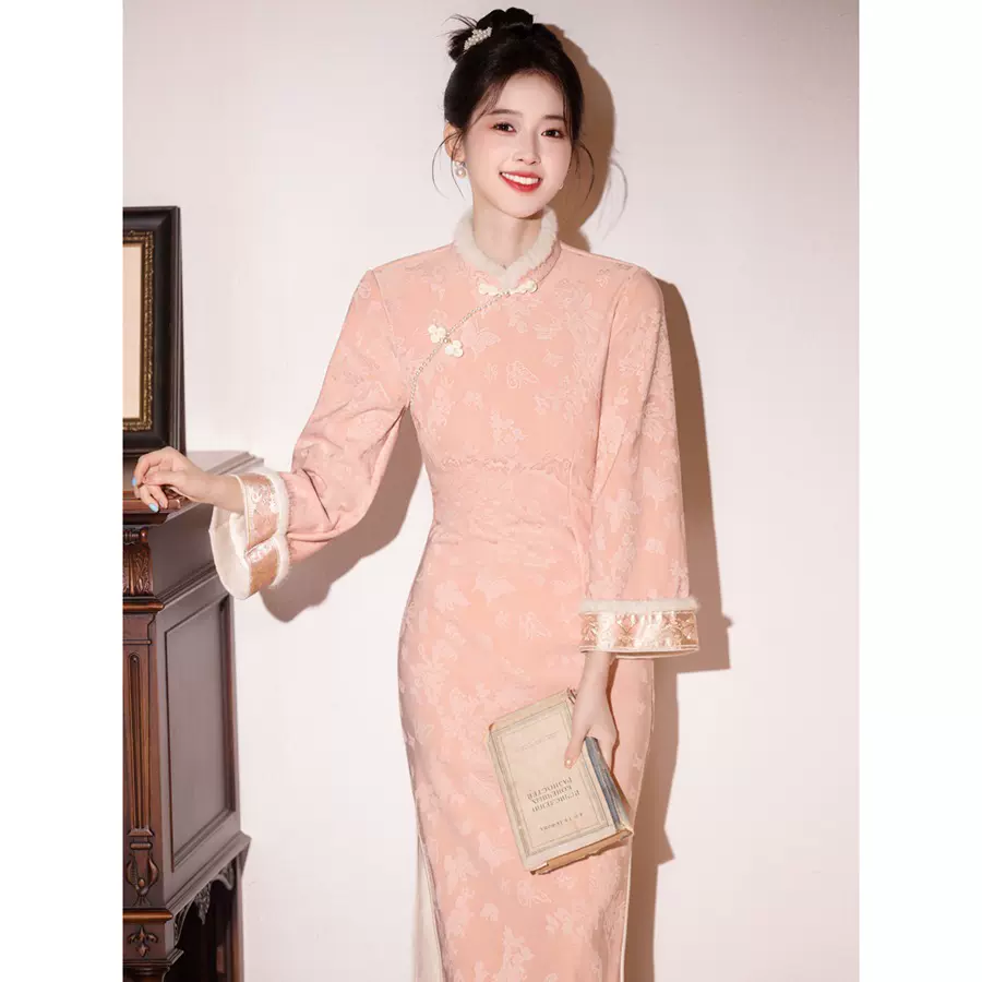 冬季新中式旗袍加绒年轻款 优雅复古高级感国风旗袍改良连衣裙