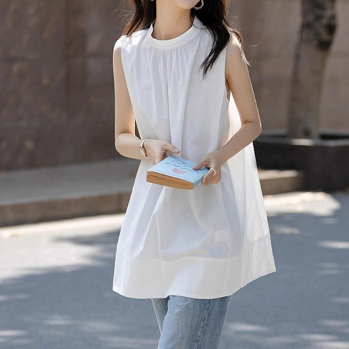 2025 Summer Elegant Stand Collar Pleated Sleeveless Slimming Shirt Women's Top Delicate Cotton Poplin Mid-Length Shirt