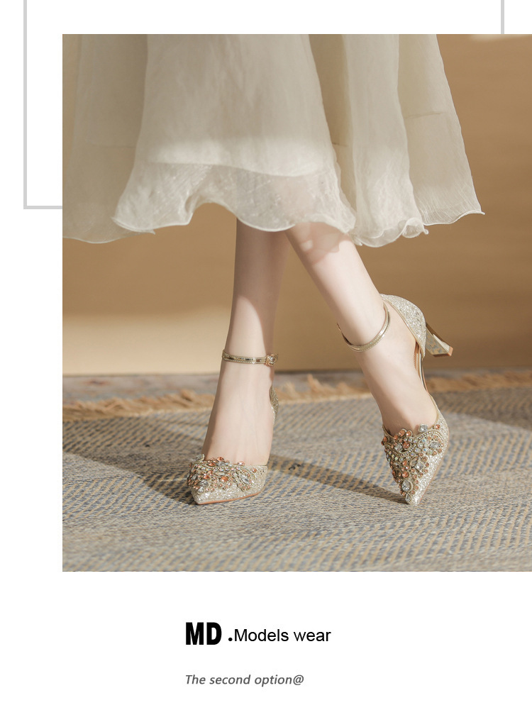 Giày sandal cao gót nữ quai ngang mũi nhọn gót nhọn mùa xuân thu 2024 — Màu Sâm panh chi tiết 12