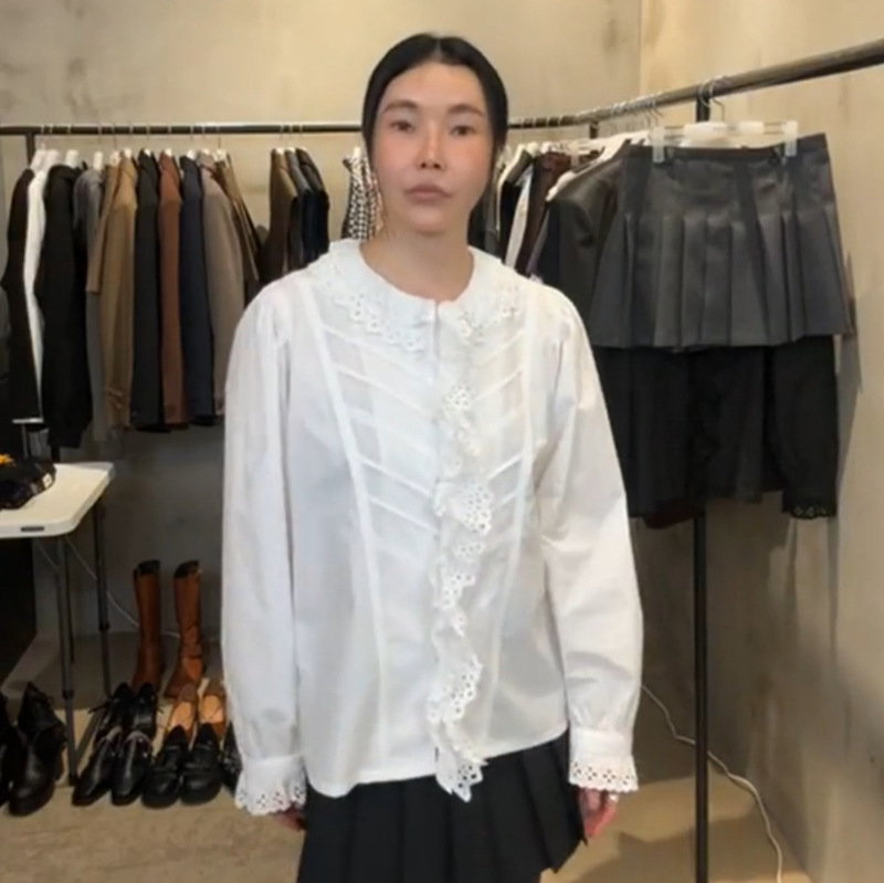 in stock 2024 autumn new South Korea east gate h * elder ruffled hollow lace heavy cotton shirt