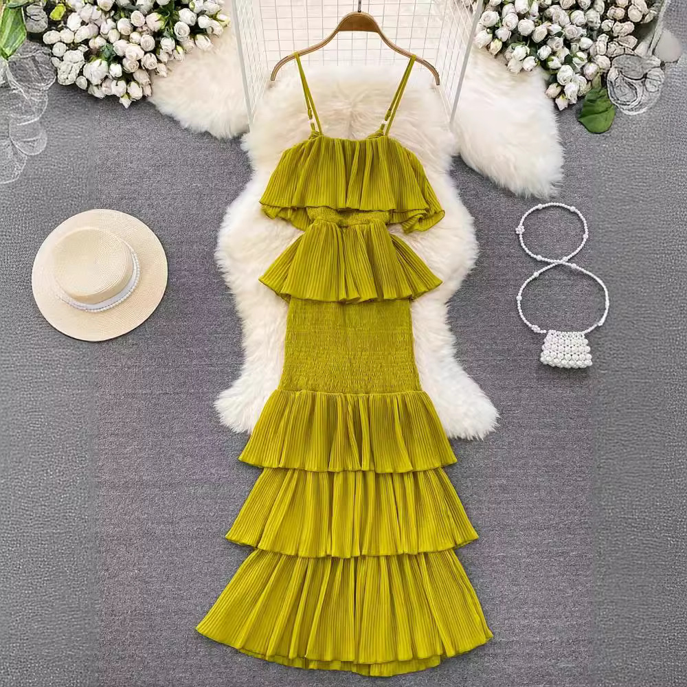 여름 달콤한 등이없는 하이 웨이스트 불규칙한 A-라인 케이크 원피스 해변 휴가 원피스 유행 스트랩 원피스