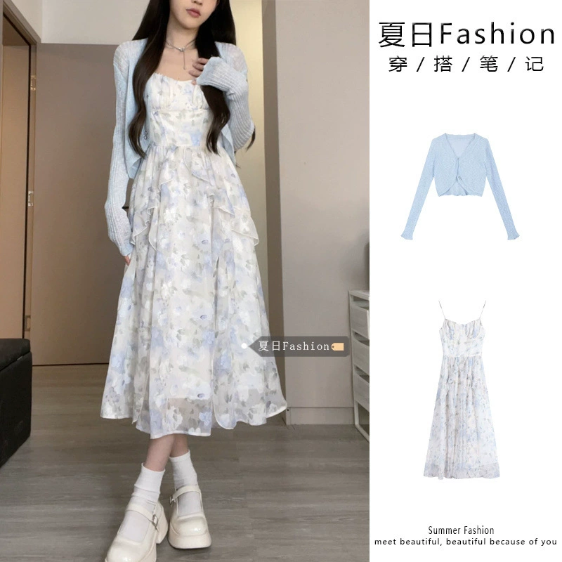 Нежный стиль, шифоновое платье на подтяжках с цветочным принтом, женский летний тонкий вязаный кардиган, длинная юбка на талии