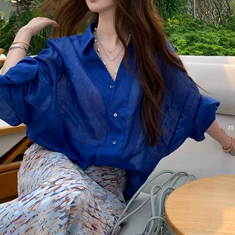 2026春夏新款克莱因蓝天丝防晒衬衫薄款透气宽松慵懒风微透女款衬