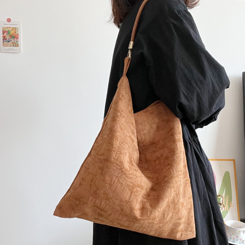 Vintage Brown Cotton Linen Woven Fabric Cowhide Shoulder Strap Jacquard Bag All-match Niche Shoulder Bag Underarm Bag Elegant Women