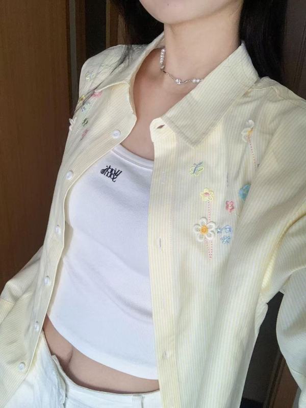 韩版可爱刺绣条纹衬衫女叠穿遮肉宽松百搭衬衣外搭防晒开衫ins潮|undefined