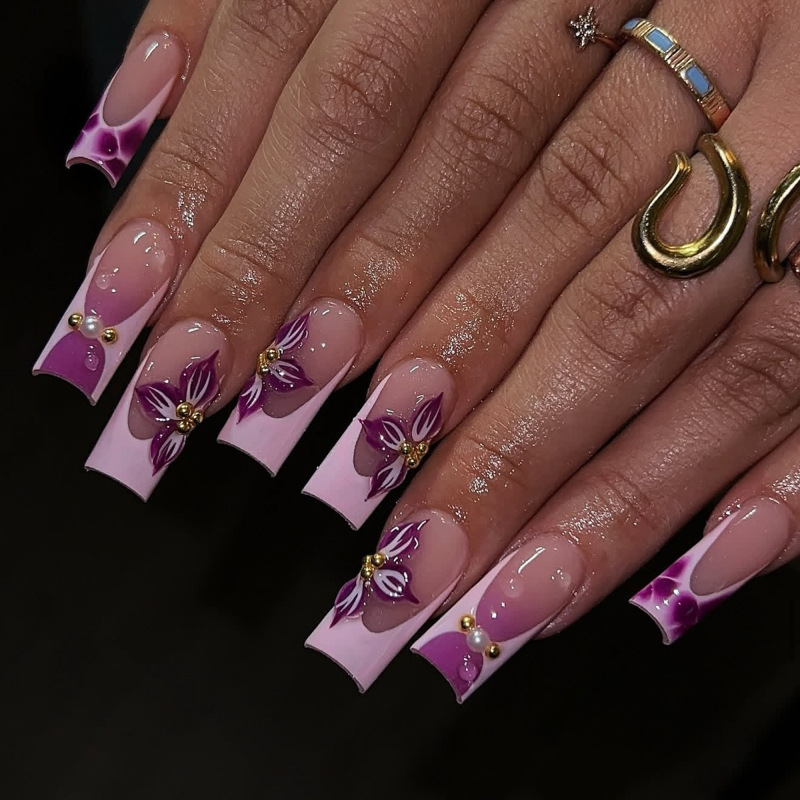Cross-Border Hot-Selling Rectangular Press-On Nails, Fake Nails, French Pink-Purple Manicure, 3D Flower Nail Pieces, Finished Product
