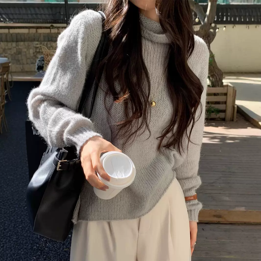 秋冬韩版堆堆高领宽松软糯灰色马海毛百搭针织衫内搭毛衣2024新款