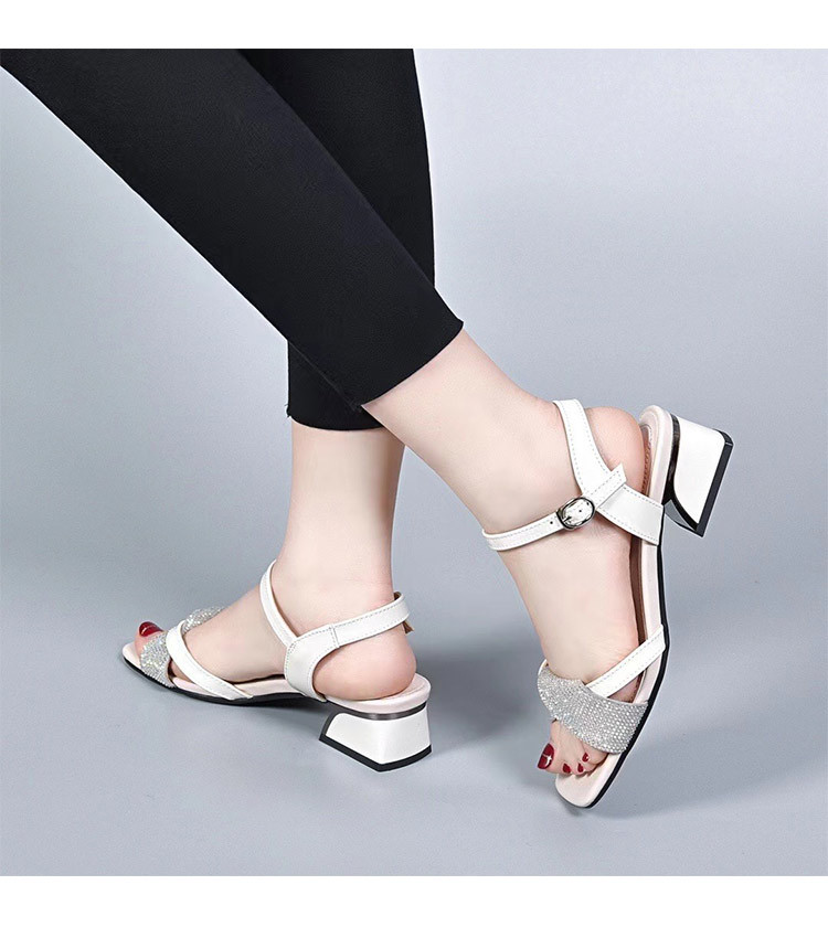 Sandal cao gót nữ quai ngang đính đá pha lê, gót vuông ổn định, chất da thật — Màu đen chi tiết 4