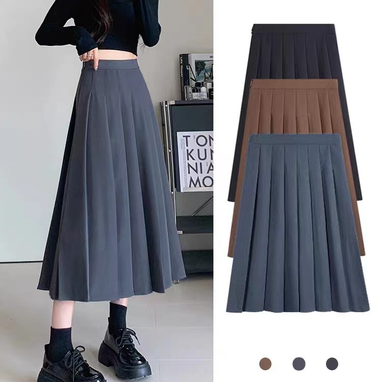 Gray pleated skirt women's long skirt autumn and winter 2023 new high waist slimming versatile A- line skirt plus size skirt