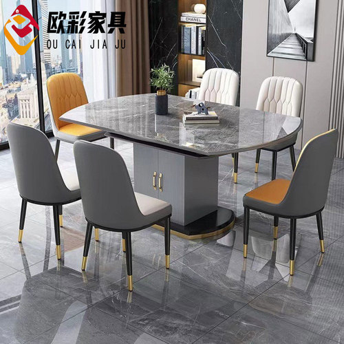 Light Luxury Quartz Stone Dining Table for Home Use: Compact Round Table with Modern Minimalist Design, Telescoping & Folding Features, Solid Wood Construction, and Built-in Storage Cabinet for Dining Chairs
