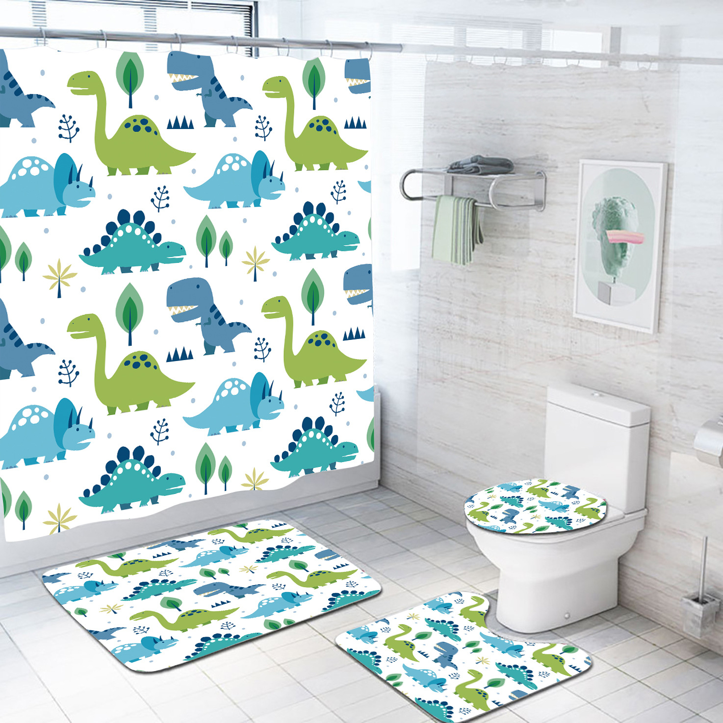 Cortina de ducha impermeable de poliéster, diseño de dinosaurio, serie de 4 piezas