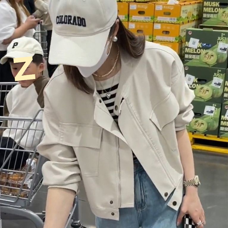 Stand Collar Small Leather Jacket for Women 2025 New Popular Versatile Motorcycle Jacket Short Top Pu Large Pocket Leather Jacket