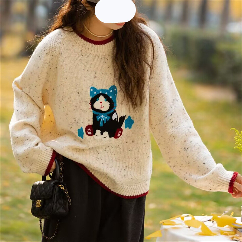 New Korean Style Sweet and Cute Cartoon Cat Pullover Sweater for Women with Contrasting Edges Loose Knitted Sweater for Women Trendy Tops