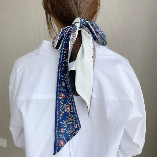 Double-sided, two-color small long narrow silk scarf for women's neck decoration, spring/summer, tied to bags, neckerchief, belt