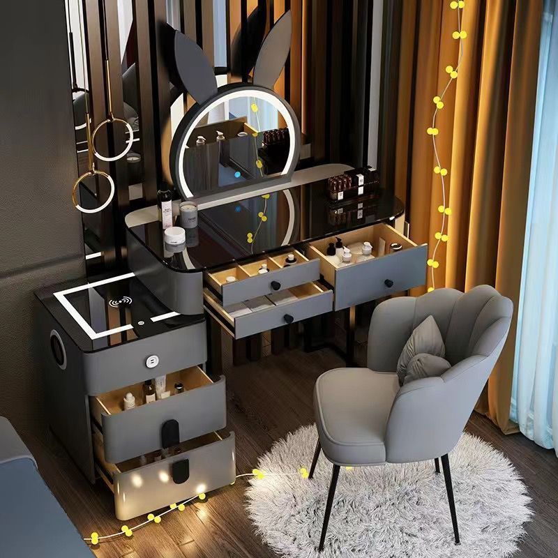 라운드 그레이 및 블랙 83cm 테이블 + 스마트 캐비닛 + 토끼 거울 + 꽃잎 의자