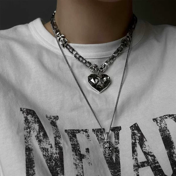 Hip-hop Trendy Personality All-match Skull Pendant Necklace Exaggerated Layering Metal Love Cross Men's Necklace