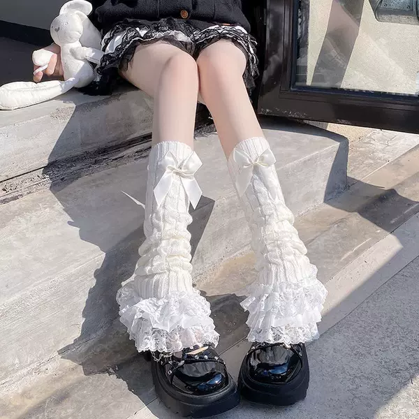 Lolita Lace Trim Calf Socks for Women Japanese Cute Bow Slouch Socks Jk Mid-Tube Slimming Leg Warmers