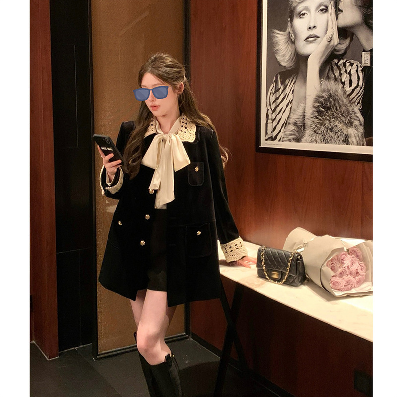 杨小卷 MIU系复古翻领中长款麂皮/丝绒外套工装风衣女 美拉德穿搭|undefined
