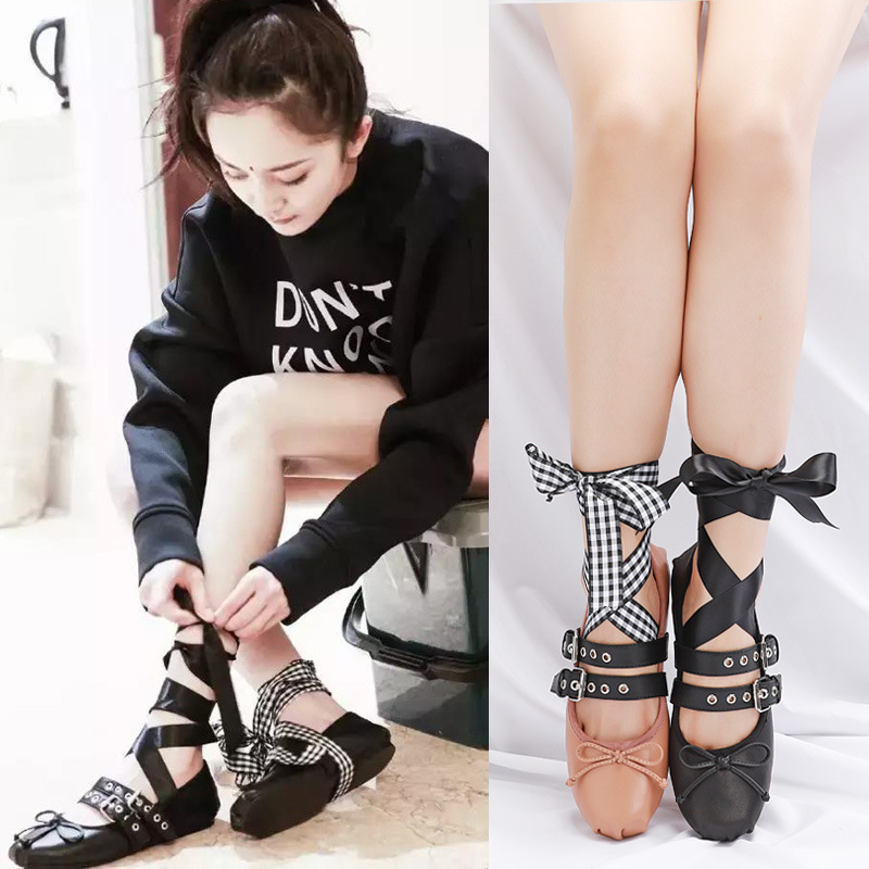 Miu-style spring and summer ballet shoes, retro sweet shallow flats with bow ties for everyday wear, women's single shoes