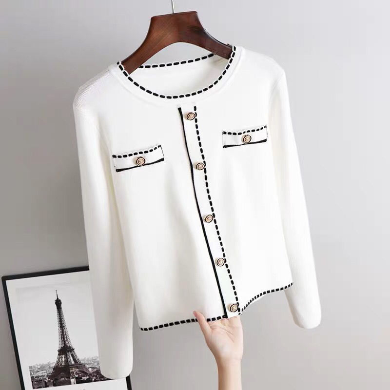 Tweed Style Color-Blocked Long-Sleeved Knitwear Autum New Women's Suit Collar Flap Pocket Pants High-Waisted Top Elegant Age-Reducing Cardigan