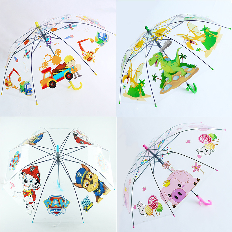 Children's Panda Transparent Umbrella Student Poe Plastic Cartoon Long Handle Dinosaur Ins Printed Logo Advertising Gift Outdoor