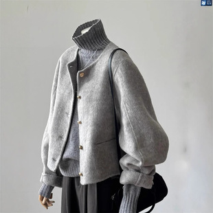 2025 New Popular Korean Style Lazy Style Petite Elegant High-End Gray Short Woolen Jacket for Women Autumn and Winter
