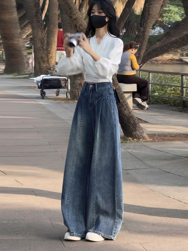 复古蓝色垂感阔腿牛仔裤女春秋新款大码胖mm宽松显瘦直筒拖地裤子|undefined