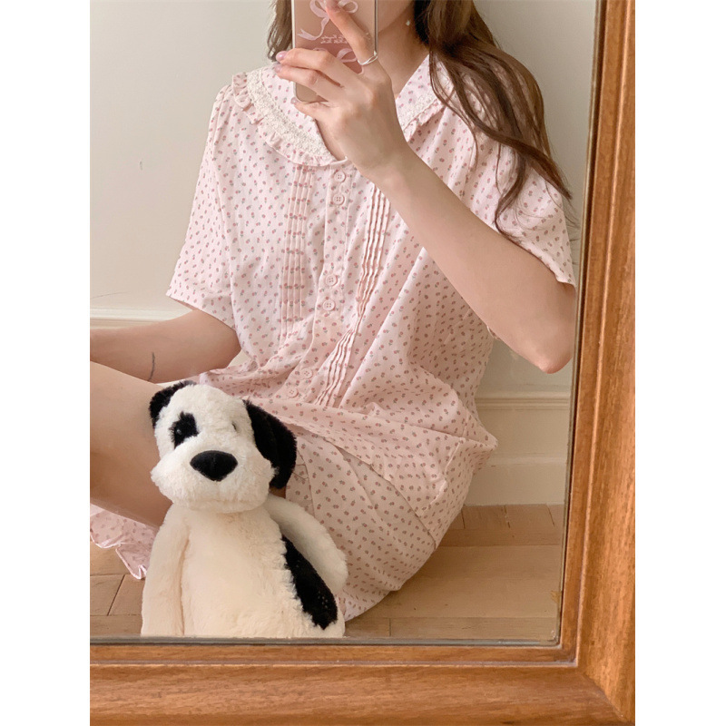 2025 Summer Gentle Sweet Floral Navy Collar Soft Waxy Cotton Fresh Home Clothes Pajamas suit