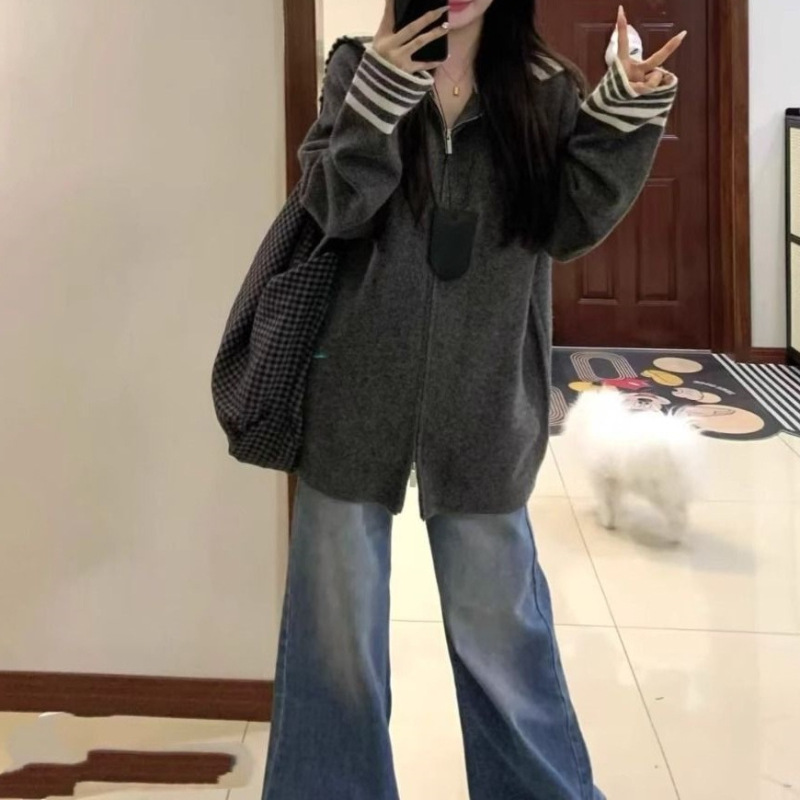 秋冬季韩系学院风海军领灰色针织开衫女慵懒风条纹毛衣外套上衣潮|undefined