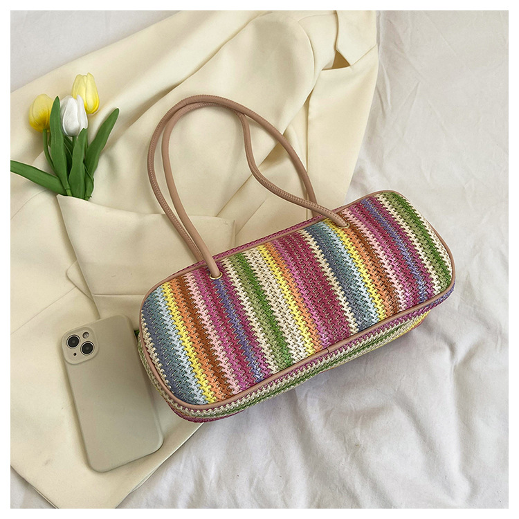 Women's Medium Straw Rainbow Vacation Classic Style Weave Oval Zipper Straw Bag display picture 29