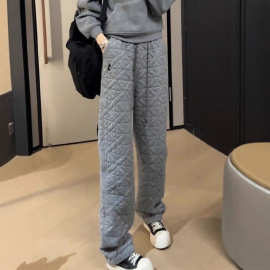 韩版灰色不规则菱格夹棉裤女2025冬季新款保暖防风百搭束脚哈伦裤