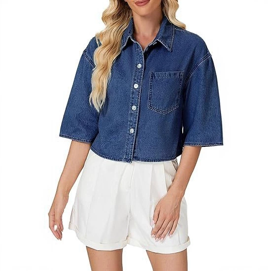 2025 трансграничная европейская и американская женская модная джинсовая короткая рубашка с короткими рукавами и пуговицами, джинсовый топ с карманами на клапане