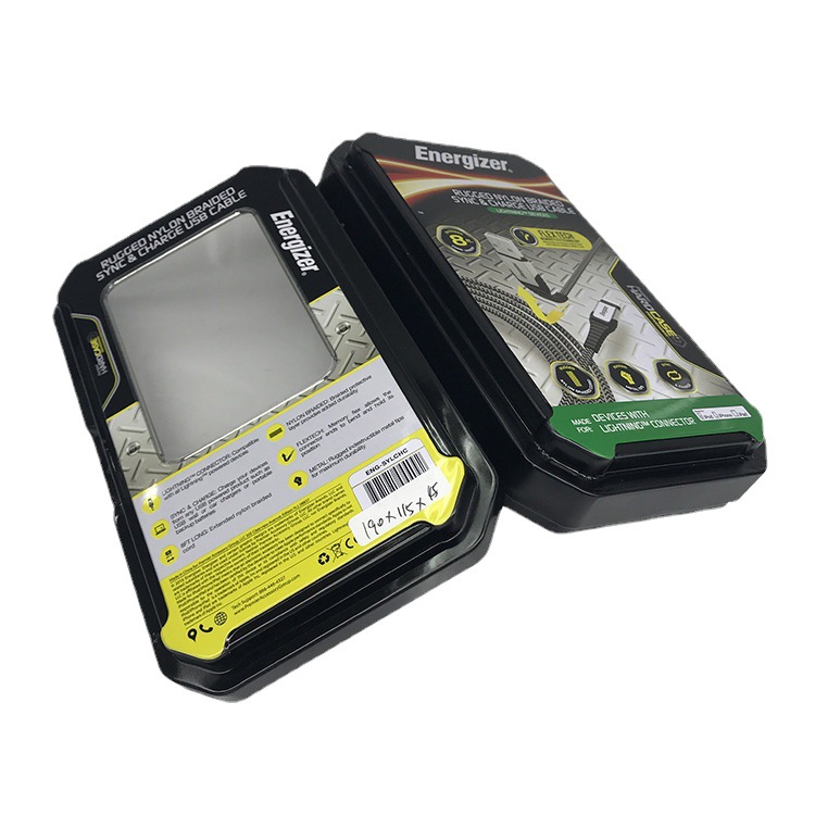 Caja de hierro para juguetes con ventanas de estaño, papelería, latas de hierro, cable de datos para iPhone, caja de hierro