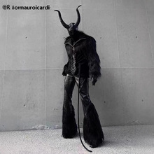 跨境万圣节暗黑头饰表演道具牛角地狱超短款皮草人造长毛皮草外套