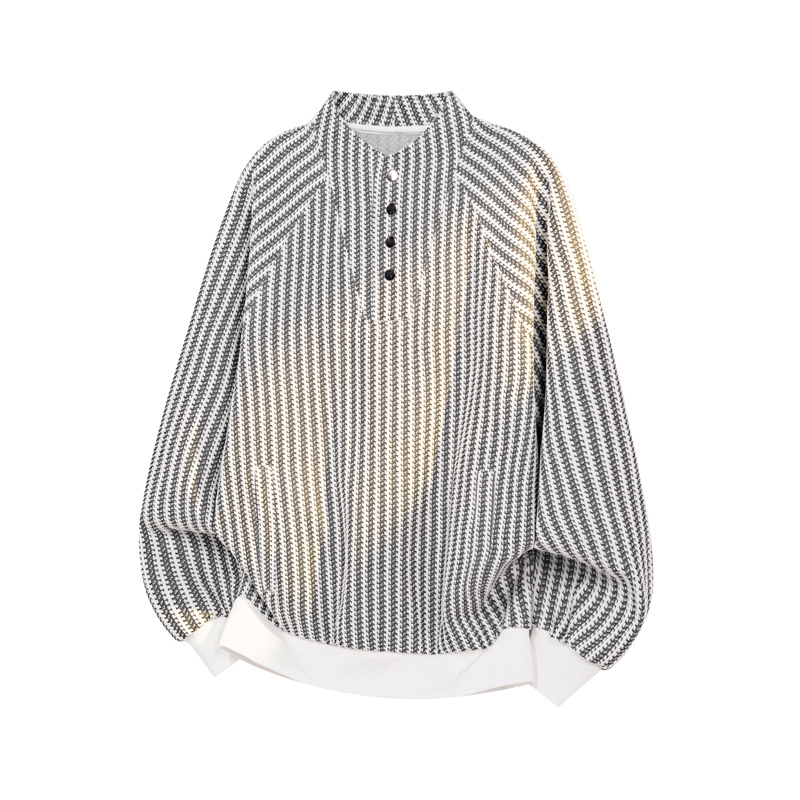 Fishbone Stripe Color-blocked -style Sweatshirt For Men And Women, Autumn High-end Design, Buttoned Henley Collar_voghion.com