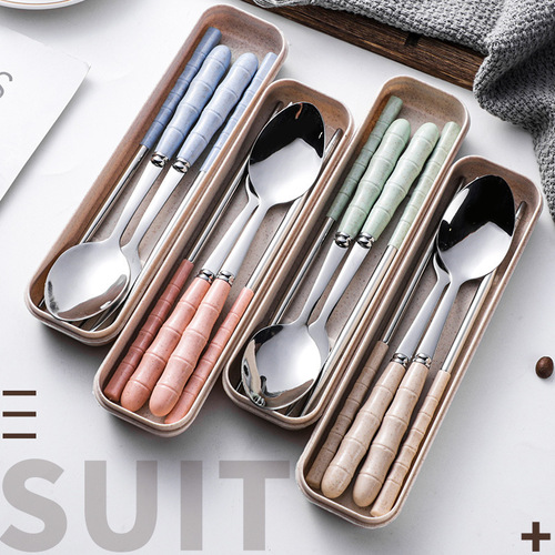 Portable tableware set made of wheat straw stainless steel Korean-style fork, spoon, and chopsticks three-piece set student tableware gift