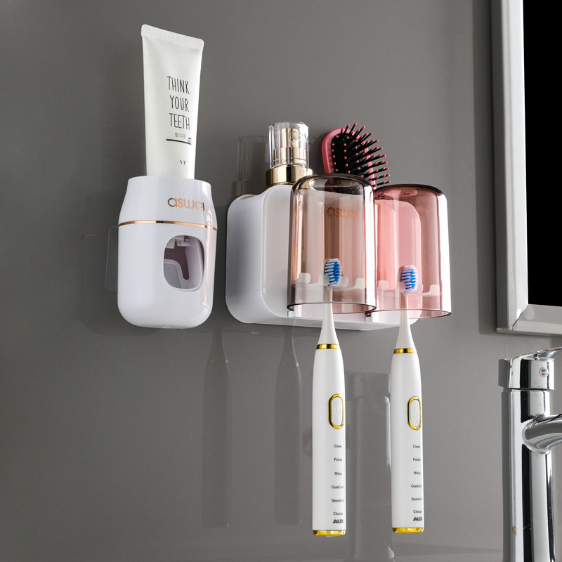 Estante de cepillo de dientes sin ponche taza de cepillo de dientes enjuague bucal Copa estante montado en la pared baño montado en la pared traje familiar eléctrico