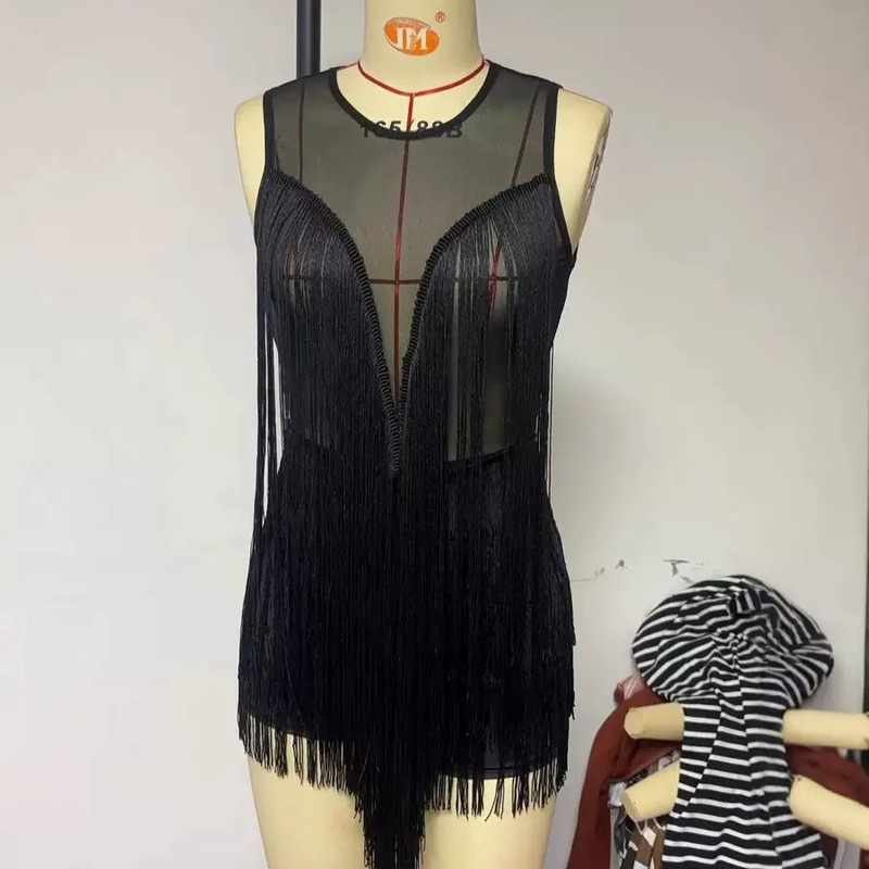 European and American 2025 Cross-Border Amazon Hot-Selling Sexy Outfit Tassel Exposed Design Back Dress Skirt Deep V Neck Dress for Women