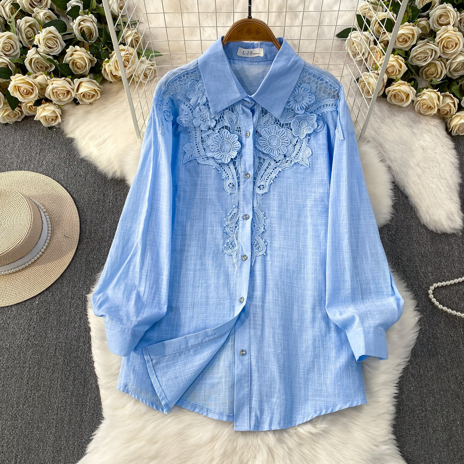 Women's Floral Collared Shirt Breathable Lace Top mid Length Cardigan Coat Casual Style Sun Protection Gentle Hollowed out for Spring And Autumn_ecoleips.com