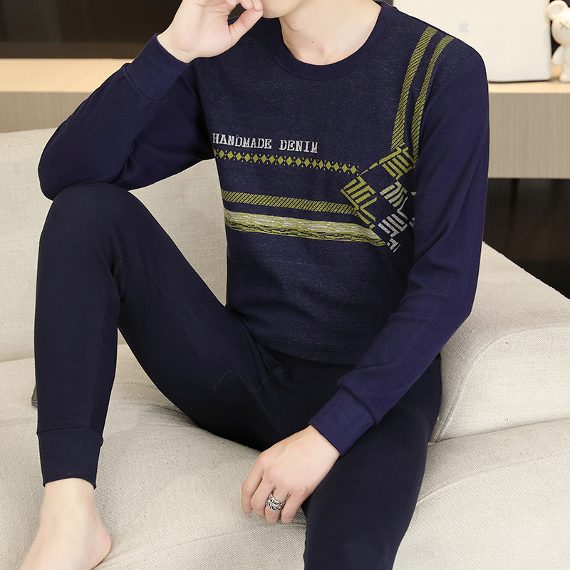 Autumn Clothes and Pants Pure Cotton suit Men's Spring and Autumn Winter Base Underwear Round Neck Jacquard Warm Middle-aged and Young Cotton Sweater