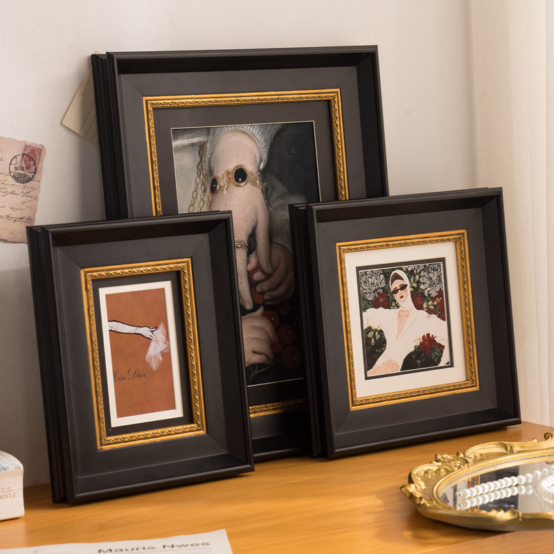 Vintage European-Style Black and Gold Photo Frame, Natural Canvas Decorative Picture Frame, Square Custom Luxury Carved Frame for Tabletop Display