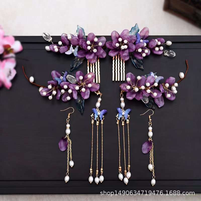 New Style Fairy Purple Glaze Full Set Tassel Super Fairy Headwear Side Clip Flower Glaze Hair Ornaments Antique Hair Ornaments