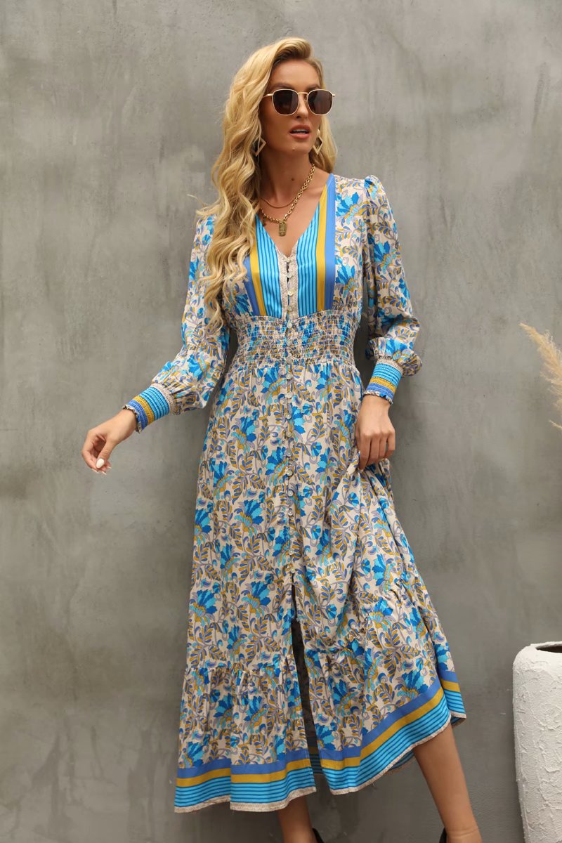 autumn women s V-neck long-sleeved rayon printed dress nihaostyles wholesale clothing NSAM82058