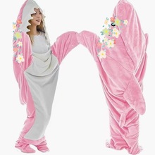 跨境新款卡通鲨鱼睡袋Shark Blanket法兰绒情侣家居服混批
