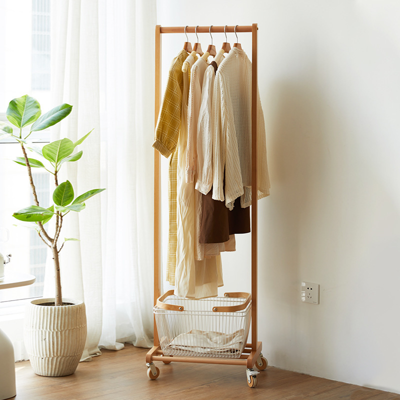 Solid Wood Coat Rack Floor Household Bedroom Hanger Indoor Room Simple Removable Dirty Clothes Basket Drying Rack
