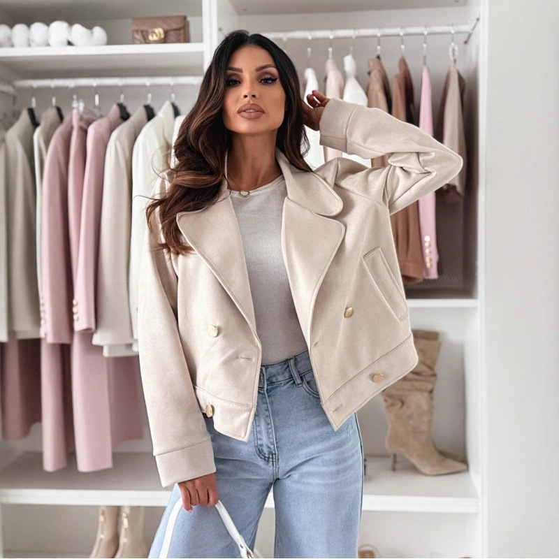 Amazon Aliexpress European and American Foreign Trade Women's Clothing Autumn and Winter New Style Lapel Double-Breasted Jacket Suede Short Coat Amazon Aliexpress European and American Foreign Trade Women's Clothing Autumn and Winter New Style Lapel Double-Breasted Jacket Suede Short Coat